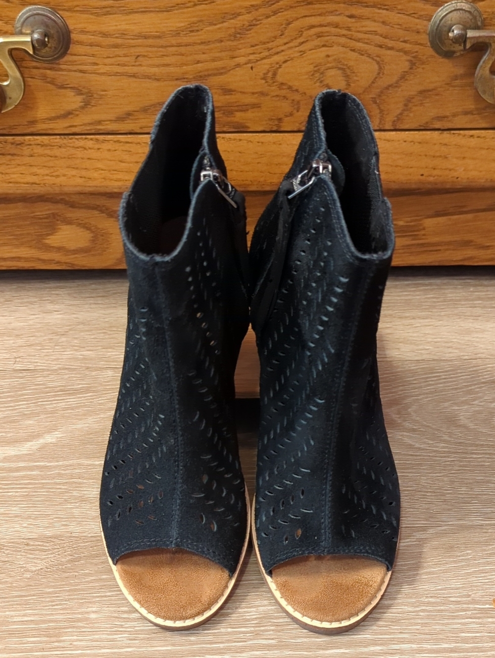 TOMS Majorca Black Perforated Suede Peep Toe Booties Boot Size 6.5